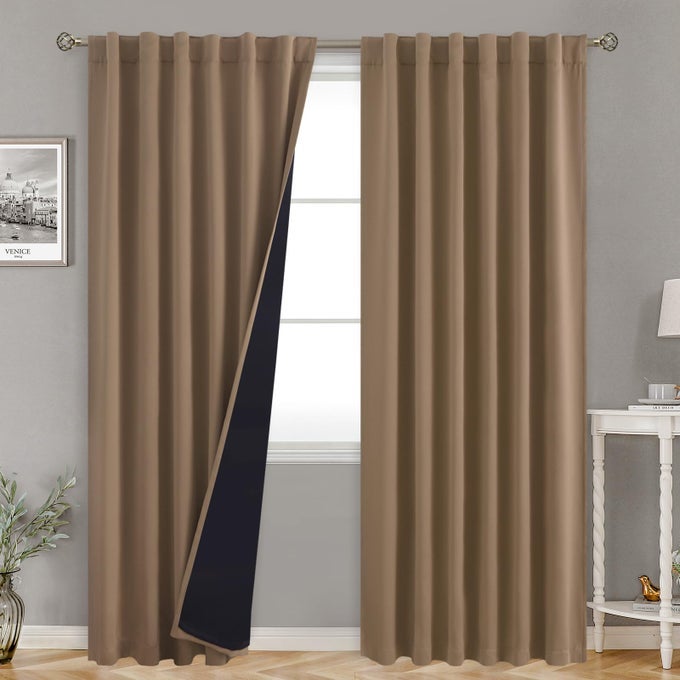 THERMAL INSULATED TAUPE 100 BLACKOUT CURTAINS 84 INCHES LONG WITH LINER ROD POCKET AND BACK TAB DOUBLE LAYER ROOM DARKENING NOISE CANCELLING CURTAINS FOR BEDROOM 52 X 84 INCH 2 PANELS