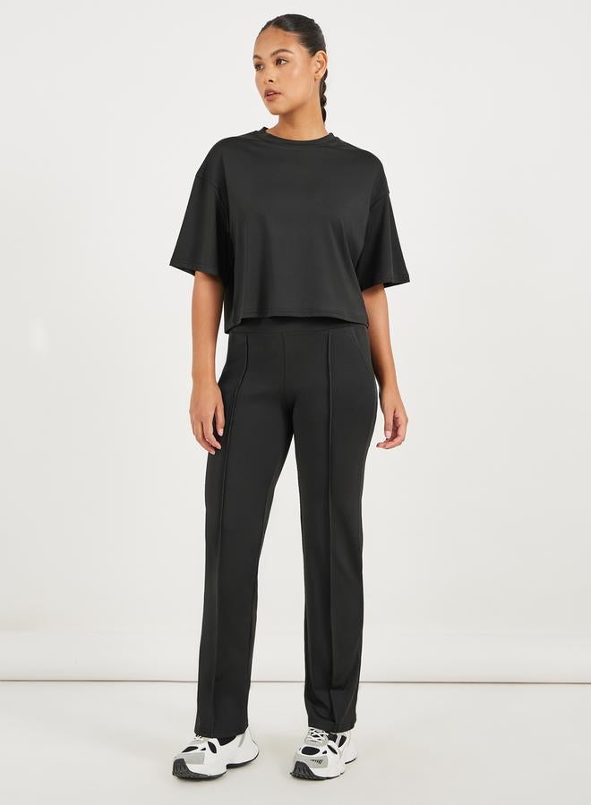Styli Dropped Shoulder Boxy Fit Crop Top & Self Fabric Binding Detail Straight Pants Set  - Image 1