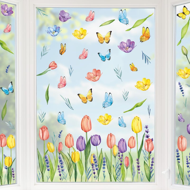 Traplace 210PCS Spring Window Clings, 9 Sheet Spring Window Clings for Glass Windows with Tulip Flowers Butterfly, Double-Side Decals Stickers Decorations for Home Office Decor - Image 1