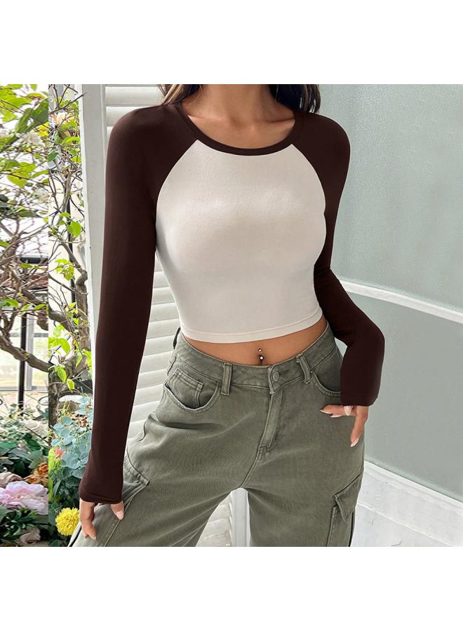 European And American Women's Clothing 24 Autumn And Winter American Hot Girl Long-sleeved T-shirt Tight Bottoming Shirt Stitching Contrast Color Short Top