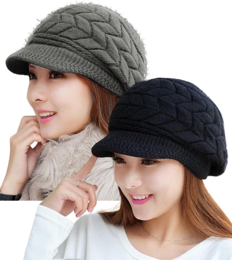 HINDAWI Women Winter Warm Knit Hat Wool Snow Ski Caps with Visor - Image 1