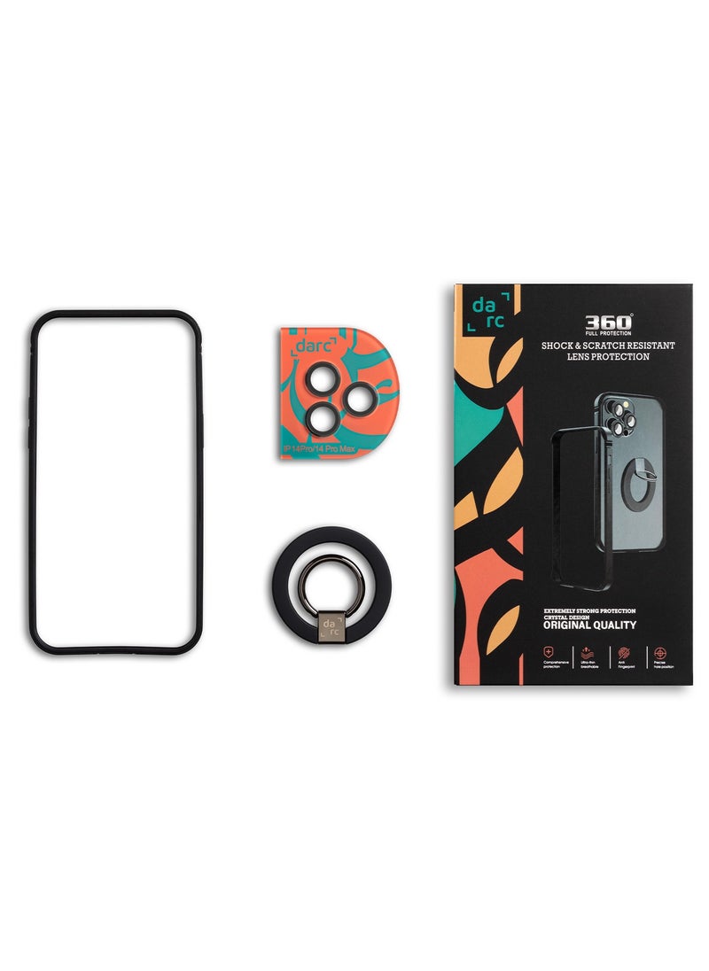 darc 360 degree 3 in 1 full set for iPhone 14 Pro Max. The set contains 3 products: camera protection, high-quality frame, 2-in-1 MagSafe grip and stand - Black  - Image 2