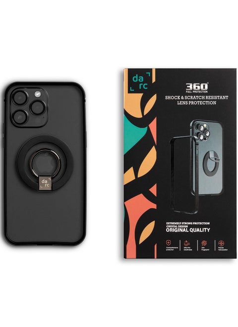 360 degree 3 in 1 full set for iPhone 14 Pro Max. The set contains 3 products: camera protection, high-quality frame, 2-in-1 MagSafe grip and stand - Black