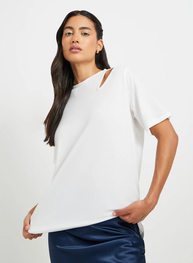 Take Two Take Two Solid Round Neck Oversized T-Shirt with Cut Out Detail