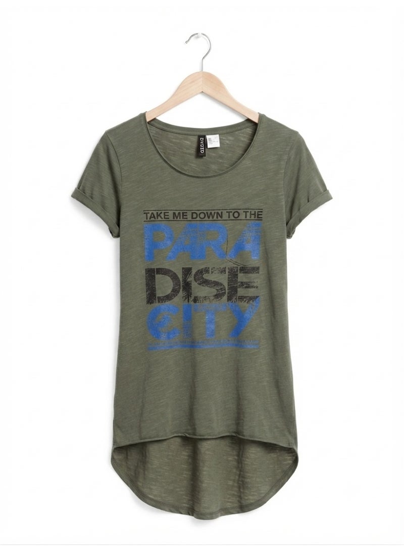 Divided by H&M تي شيرت نسائي أخضر زيتي بطبعة جرافيك - Paradise City - بأكمام قصيرة - Image 1