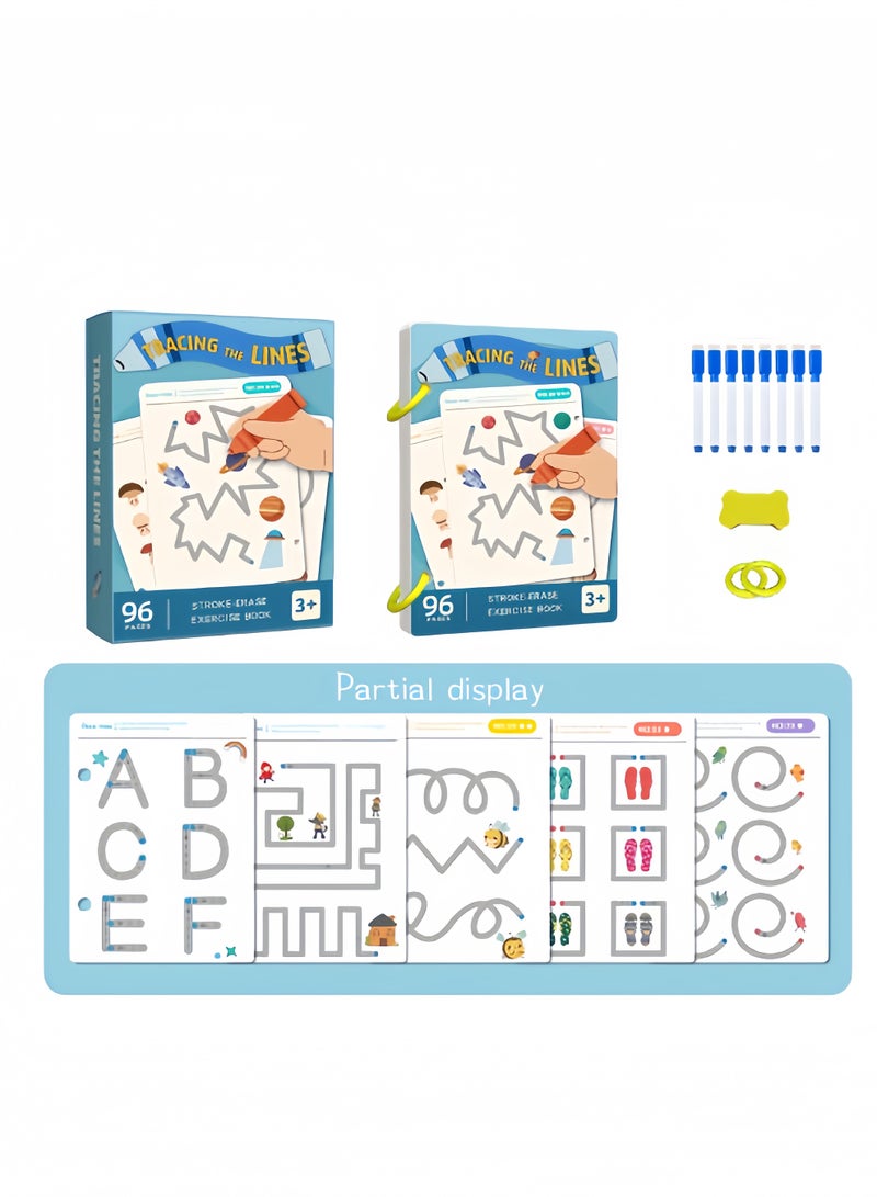 Eilimi مجموعة دفتر العمل السحري للتتبع 96 صفحة، كتاب تدريب التحكم في القلم للكتابة لتعلم الحروف والأرقام، تدريب التركيز، كتاب تعليمي قابل لإعادة الاستخدام للأطفال في مرحلة ما قبل المدرسة - Image 1