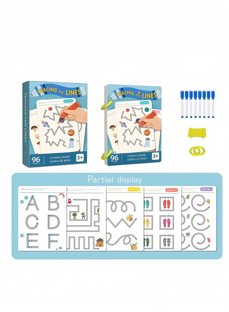 Eilimi مجموعة دفتر العمل السحري للتتبع 96 صفحة، كتاب تدريب التحكم في القلم للكتابة لتعلم الحروف والأرقام، تدريب التركيز، كتاب تعليمي قابل لإعادة الاستخدام للأطفال في مرحلة ما قبل المدرسة - Image 1
