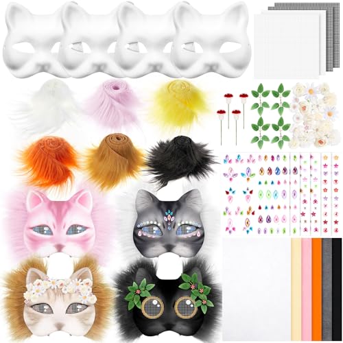 Seenelling 31 Pcs DIY Therian Mask Kit Blank Cat Mask Material Kit Accessories Set for Therian Gear Stuff(White) - Image 1