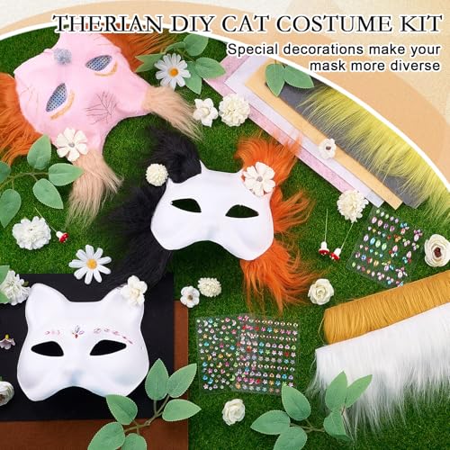 Seenelling 31 Pcs DIY Therian Mask Kit Blank Cat Mask Material Kit Accessories Set for Therian Gear Stuff(White) - Image 3