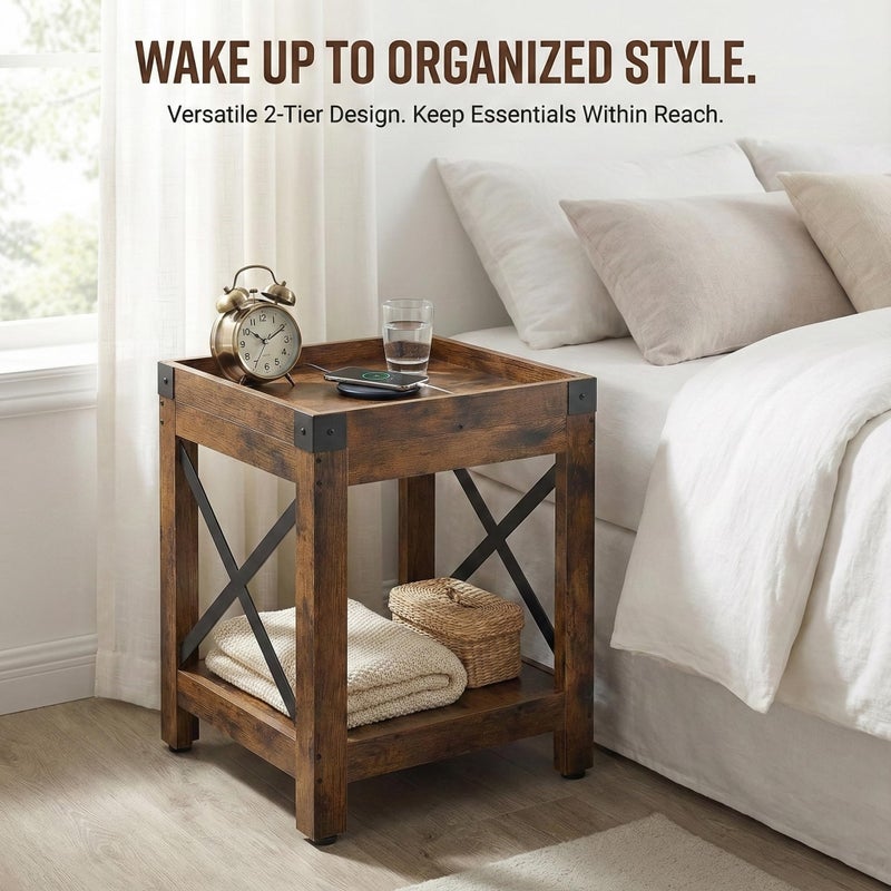 ZEXVIDA Farmhouse Square Side Table with Open Storage Shelves, Large End Table Modern Sofa Table with X-Metal Frame,Industrial Nightstand Coffee Table for Living Room Bedroom Office Small Spaces, Rustic Brown - Image 4