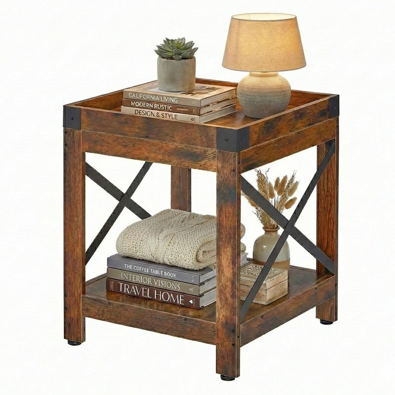 ZEXVIDA Farmhouse Square Side Table with Open Storage Shelves, Large End Table Modern Sofa Table with X-Metal Frame,Industrial Nightstand Coffee Table for Living Room Bedroom Office Small Spaces, Rustic Brown - Image 1