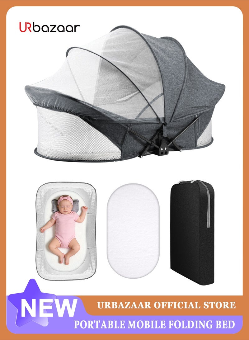 URbazaar Portable Travel Bassinet for 0-5M Baby, Baby Cribs Travel Pod for Outdoors Baby Lounger,Infant Travel Bed with Mosquito Net and Sunshade Canopy, Lightweight Washable Foldable - Image 1
