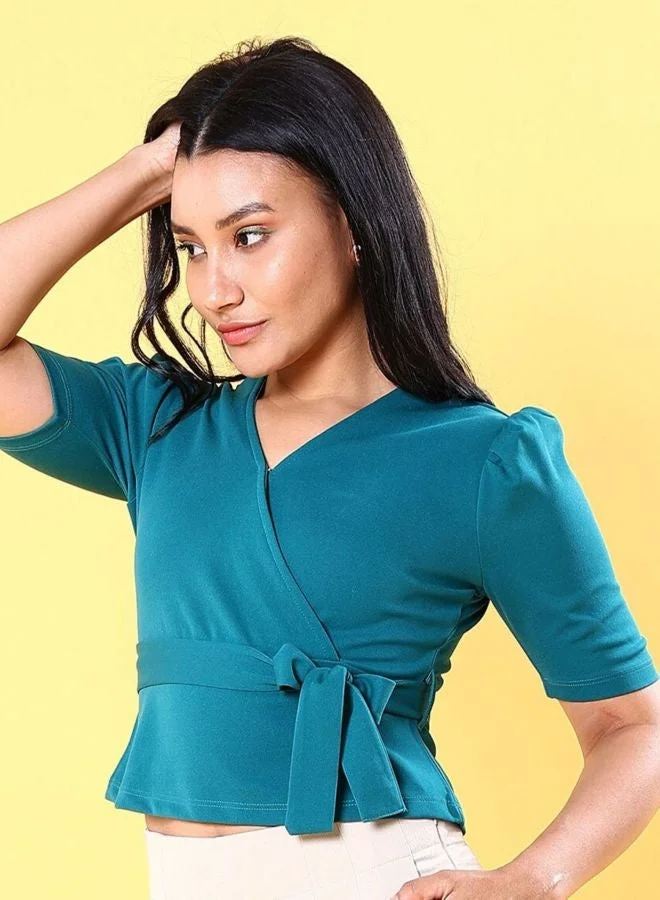 Women Regular Fit Solid V-Neck Short Sleeve Wrap Top