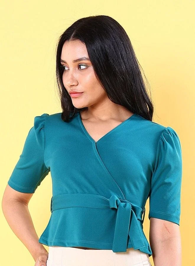 Freehand  Women Regular Fit Solid V-Neck Short Sleeve Wrap Top  | Best Price UAE