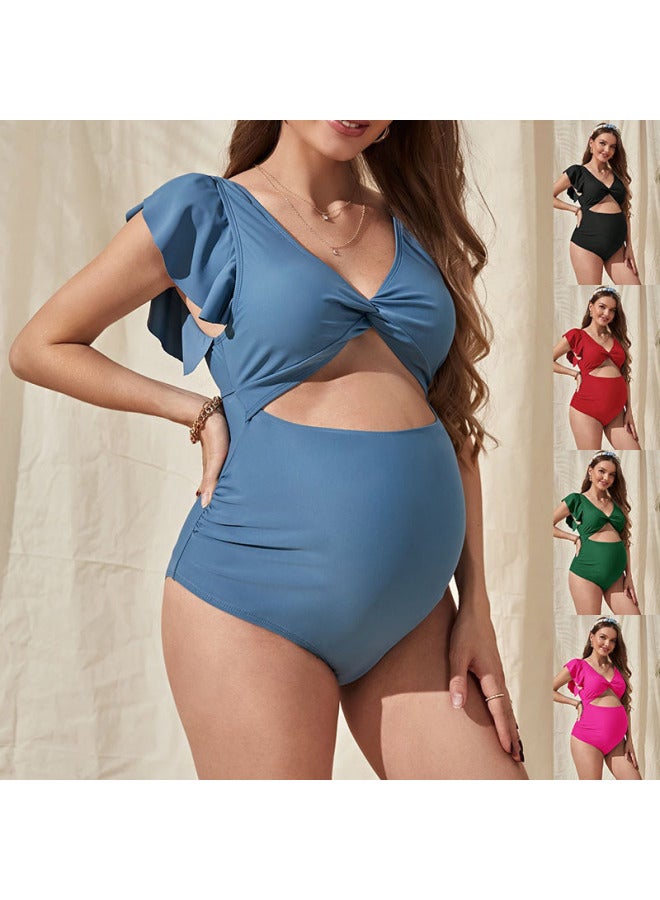 إسكدنيا ملابس سباحة للسيدات الحوامل موضة 2024 بلون سادة فضفاضة بأكمام قصيرة تغطي البطن - اللون: أزرق فاتح - - Image 2