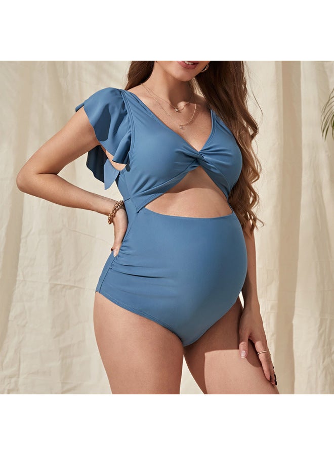 إسكدنيا ملابس سباحة للسيدات الحوامل موضة 2024 بلون سادة فضفاضة بأكمام قصيرة تغطي البطن - اللون: أزرق فاتح - - Image 5