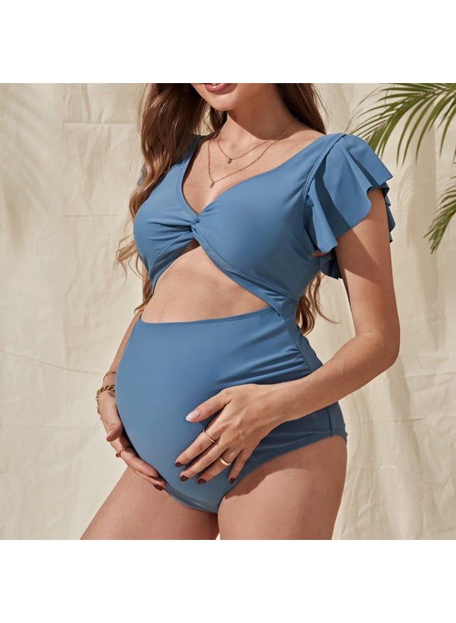 إسكدنيا ملابس سباحة للسيدات الحوامل موضة 2024 بلون سادة فضفاضة بأكمام قصيرة تغطي البطن - اللون: أزرق فاتح - - Image 4