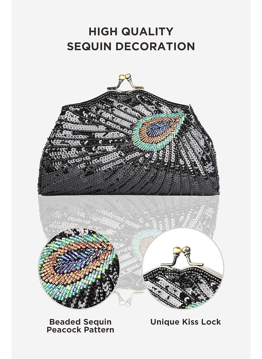 BABEYOND BABEYOND 1920s Flapper Peacock Clutch  Gatsby Sequined Evening Handbag Beaded Bag for Prom Cocktail Party  - Image 2