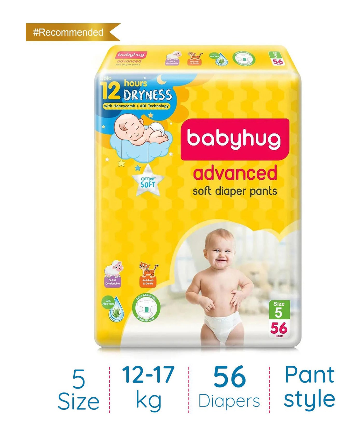 Babyhug Advanced Soft Pant Style Diapers with Aloe Vera, Size 5 - 56 Pieces