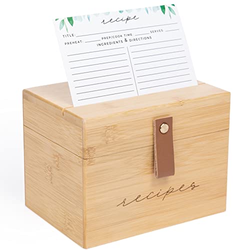 Pera Blanca Recipe Box with Cards and Dividers | Faux Leather Handle | 50 Eucalyptus Patterned Recipe Cards | Wooden Box | Housewarming Gift | 4x6 - Image 1