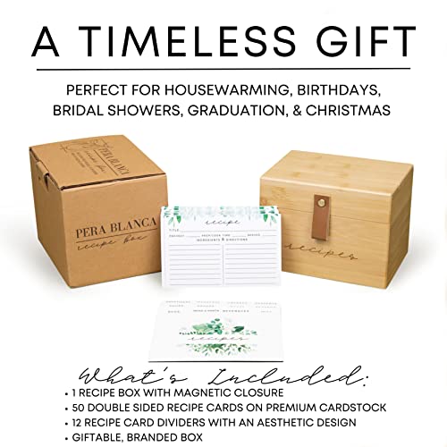 Pera Blanca Recipe Box with Cards and Dividers | Faux Leather Handle | 50 Eucalyptus Patterned Recipe Cards | Wooden Box | Housewarming Gift | 4x6 - Image 3