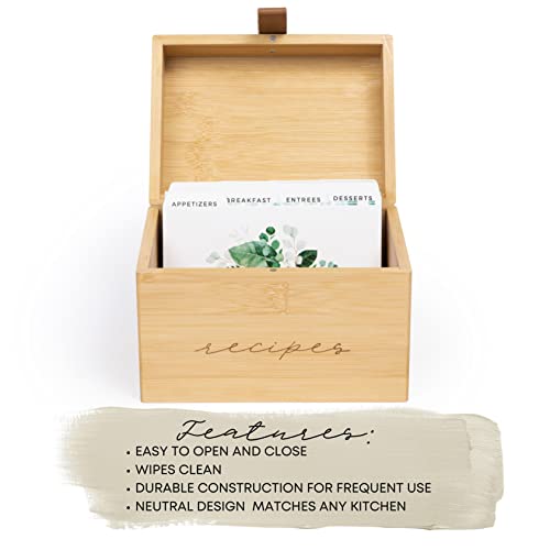 Pera Blanca Recipe Box with Cards and Dividers | Faux Leather Handle | 50 Eucalyptus Patterned Recipe Cards | Wooden Box | Housewarming Gift | 4x6 - Image 2