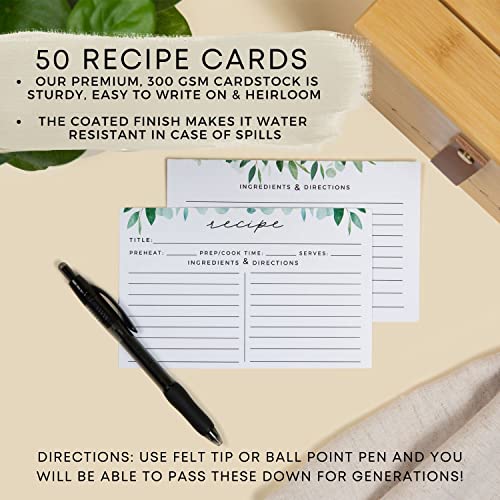 Pera Blanca Recipe Box with Cards and Dividers | Faux Leather Handle | 50 Eucalyptus Patterned Recipe Cards | Wooden Box | Housewarming Gift | 4x6 - Image 5
