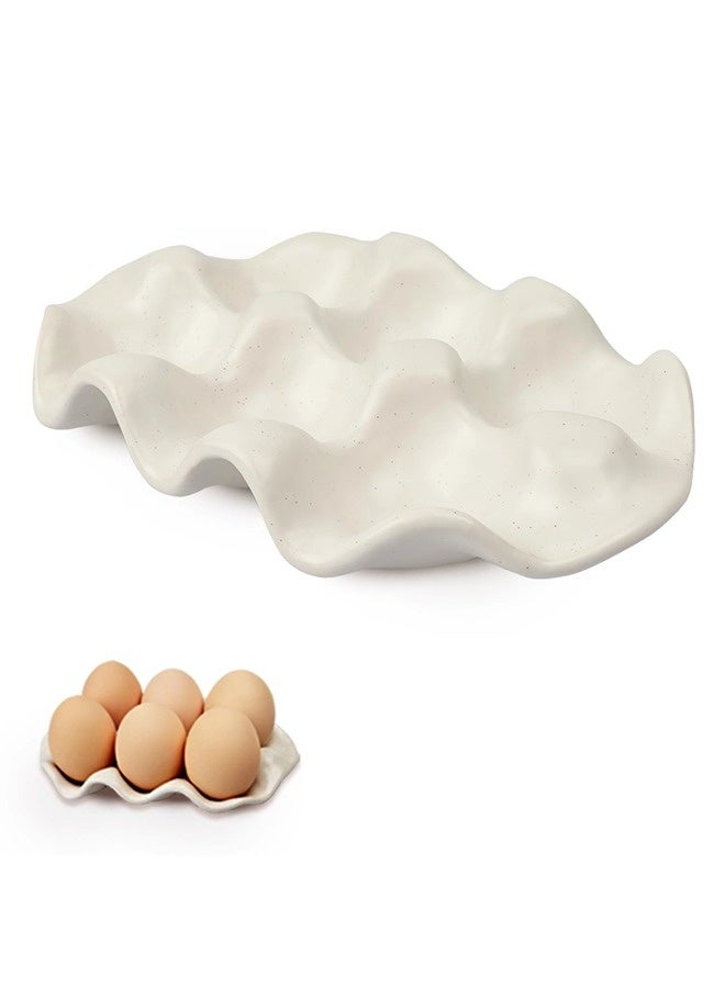 شيبشيب حامل بيض سيراميكي للثلاجة - صينية 6 أكواب لتخزين البيض، حافظة من البورسلين لحفظ نصف دزينة من البيض، منظم ديكوري لتقديم الطعام وعرضه على سطح المطبخ أو في الثلاجة - Image 1