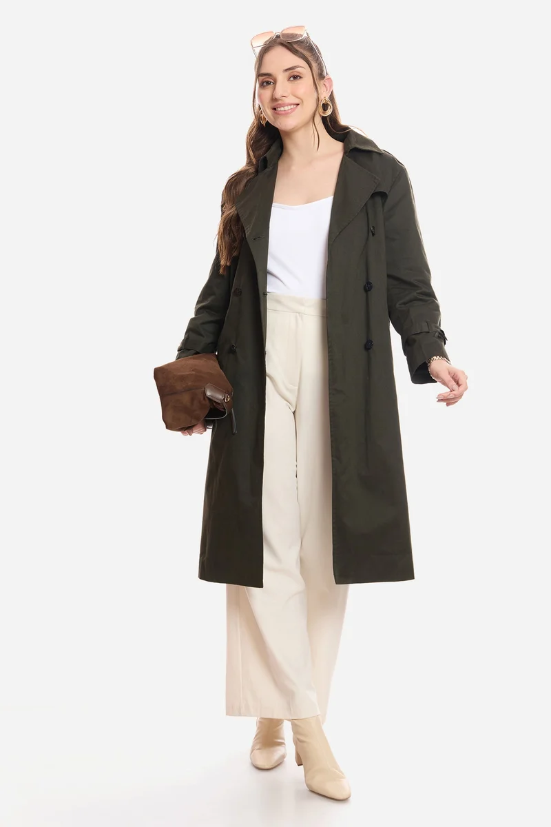 Virgio Solid Cotton Belted Heritage Long Trench Coat for Women