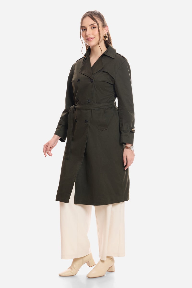 Virgio Solid Cotton Belted Heritage Long Trench Coat for Women - Image 3