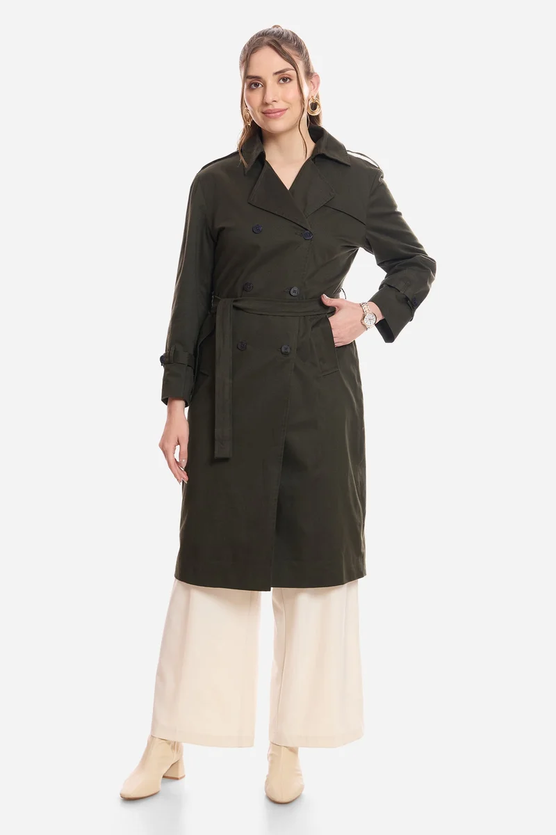 Virgio Solid Cotton Belted Heritage Long Trench Coat for Women