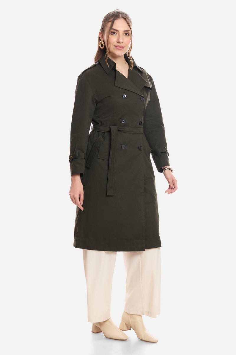 Virgio Solid Cotton Belted Heritage Long Trench Coat for Women - Image 4
