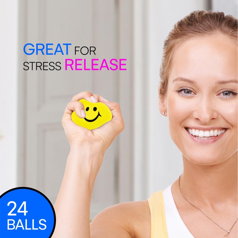Neliblu 24 Pack Stress Balls for Kids and Adults - 2" Stress Ball in Bulk - Neon Yellow Squishy Balls with Smiley Faces - Fun Party Favors for Classroom, Goodie Bags, and Fidget Toys for Kids - Image 2