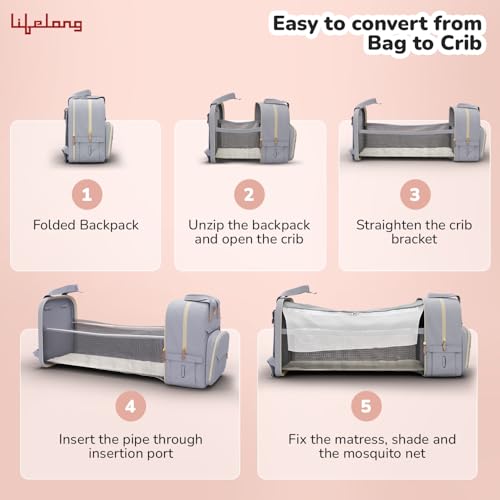 Lifelong Cuppy 7in1 Diaper Bag Backpack With Changing Station|Mamma's Bag Waterproof Folding Crib&Baby Bed|Portable Nappy Bag For Maternity,Extendable Diaper Changing Pod&Mosquito Net, grey (LLCMBS01) - Image 3
