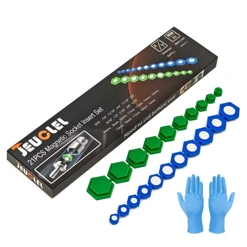 JEUCLEL 21PCS Magnetic Socket Insert Adapter Set with Hexagon Profile, 10 SAE Sizes (5/16-7/8 inch) and 11 Metric Sizes (8-19mm), for Efficient and Easy Work - Image 1