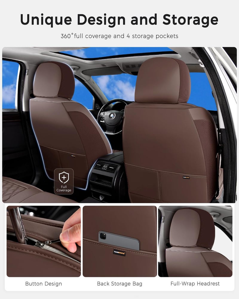 Huidasource Coffee Seat Cover, Nappa Leather Car Seat Cover, Velcro Adjustable, Compatible with Airbags, Armrests, Child Seat, Seat Belts, Fit for Most Cars, Vans, Trucks, SUVs (Full Set/Coffee) - Image 5