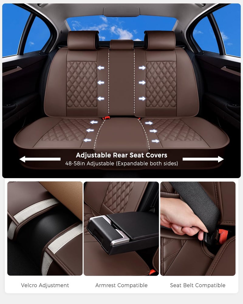 Huidasource Coffee Seat Cover, Nappa Leather Car Seat Cover, Velcro Adjustable, Compatible with Airbags, Armrests, Child Seat, Seat Belts, Fit for Most Cars, Vans, Trucks, SUVs (Full Set/Coffee) - Image 4