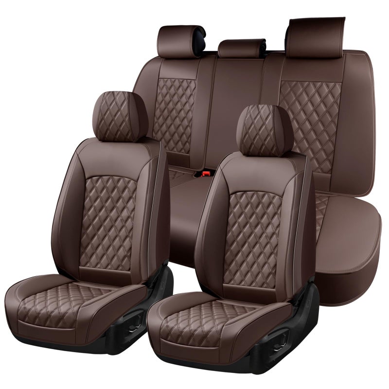 Huidasource Coffee Seat Cover, Nappa Leather Car Seat Cover, Velcro Adjustable, Compatible with Airbags, Armrests, Child Seat, Seat Belts, Fit for Most Cars, Vans, Trucks, SUVs (Full Set/Coffee) - Image 1