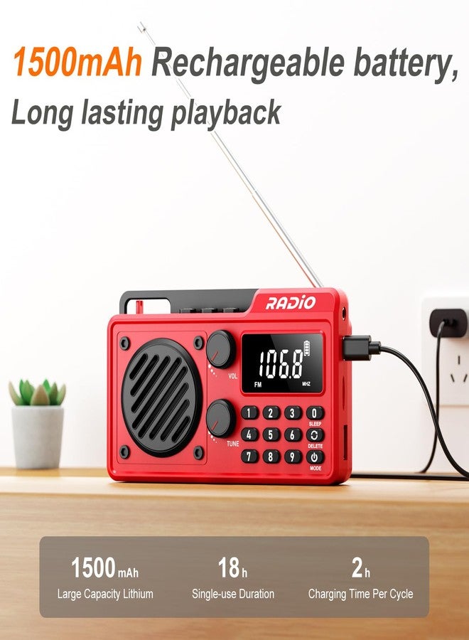 kamapulo Portable Radio AM FM 1500mAh Rechargeable with Best Reception, Transistor shortwave Radio Wireless Bluetooth Speaker, with Large LCD Screen, Support TF Card U Disk, Earphone, Sleep Timer (Red) - Image 2