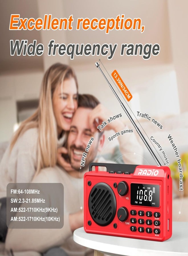 kamapulo Portable Radio AM FM 1500mAh Rechargeable with Best Reception, Transistor shortwave Radio Wireless Bluetooth Speaker, with Large LCD Screen, Support TF Card U Disk, Earphone, Sleep Timer (Red) - Image 4