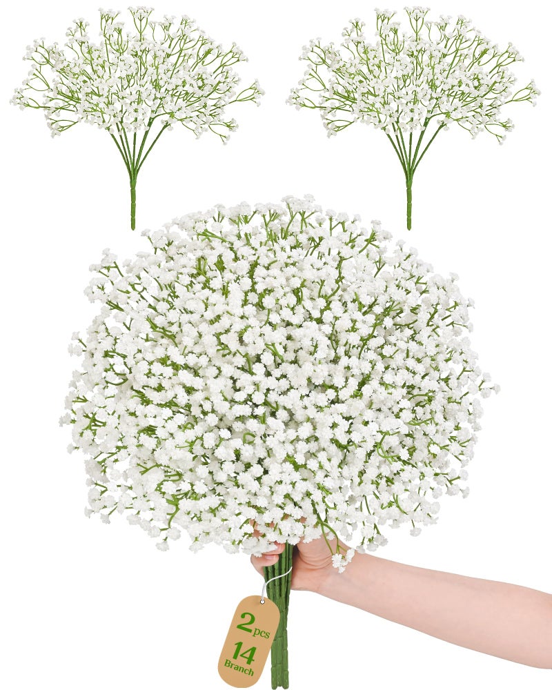 Dolicer 14 Branches Babys Breath Artificial Flowers, 2 Bundles Real Touch Baby Breath Flowers Artificial Bulk, White Fake Flowers, Faux Babies Breath for Wedding Floral Arrangements Home Decor - Image 1