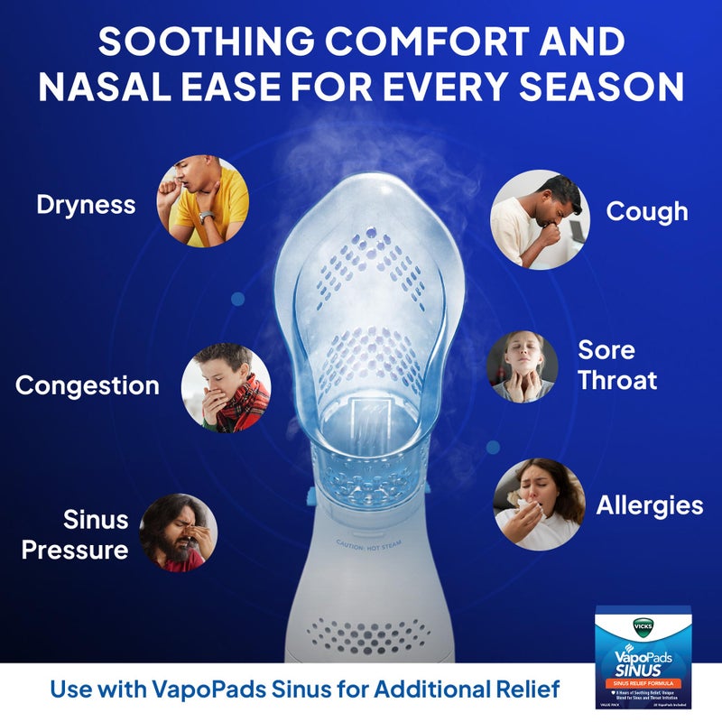 Vicks جهاز استنشاق فيكس للجيوب الأنفية - جهاز بخار شخصي لتخفيف الجيوب الأنفية، الحساسية، الاحتقان، السعال والزكام، جهاز بخار للوجه، يهدئ الممرات الأنفية والحنجرة، يستخدم مع وسادات فابو (1 مضمنة)، مؤهل لـ FSA و HSA - Image 3
