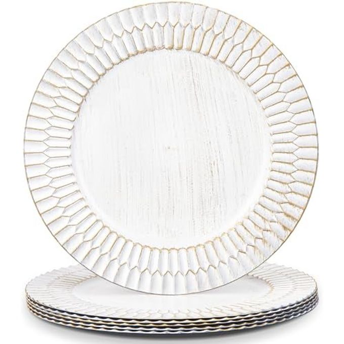 Kazozobi 13" White Chargers for Dinner Plates, Decorative Charger Plates, Plastic Charger & Service Plate 6 Pack Table Setting Bulk Wedding, Thanksgiving, Festival
