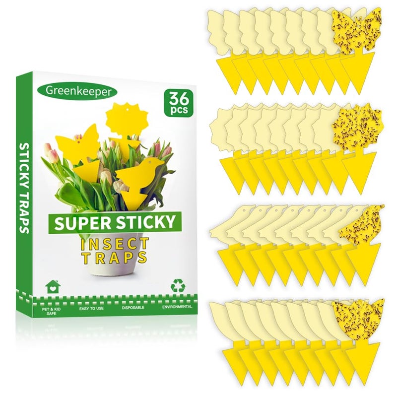 Greenkeeper 36 Pcs Classic Sticky Traps for Fungus Gnat (Plants), Fruit Fly, Whitefly, and Fly, Yellow Sticky Insect Catcher Traps for Indoor/Outdoor, Kitchen, and Plants, High-End Glue, Non-Toxic, 4 Shapes - Image 1