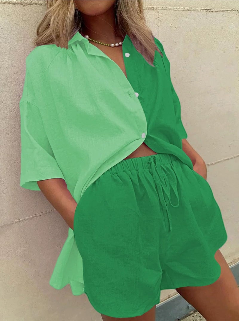 Fixmatti Women 2 Piece Summer Outfits Color Block Button Down Short Sleeve Shirts and Shorts Set Green L - Image 3
