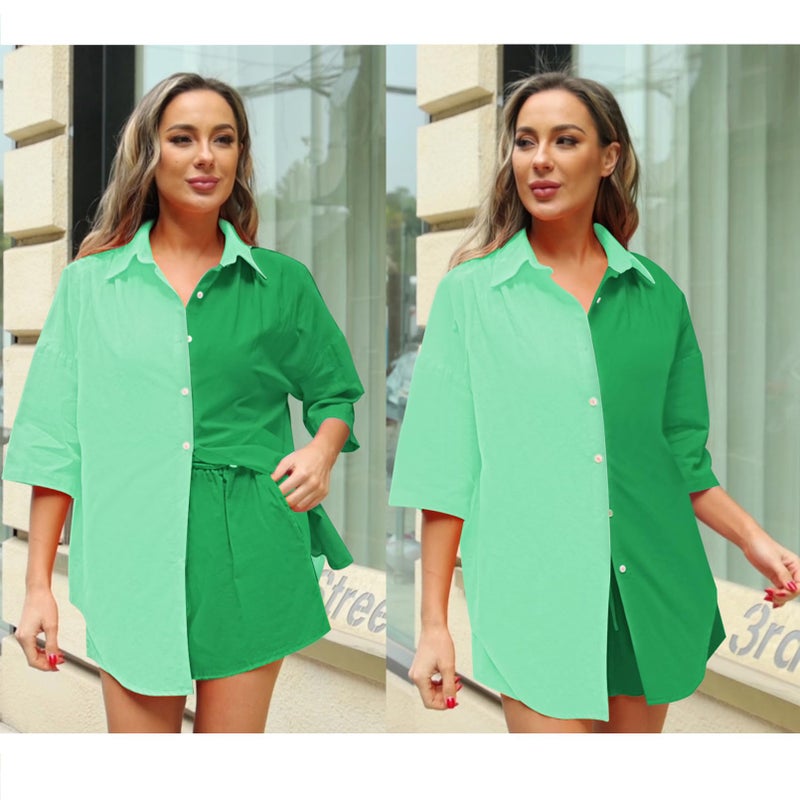Fixmatti Women 2 Piece Summer Outfits Color Block Button Down Short Sleeve Shirts and Shorts Set Green L - Image 5