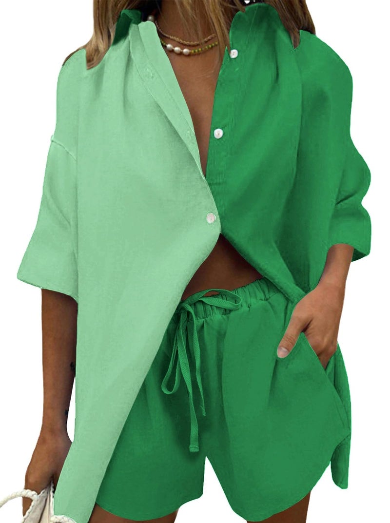 Fixmatti Women 2 Piece Summer Outfits Color Block Button Down Short Sleeve Shirts and Shorts Set Green L - Image 1
