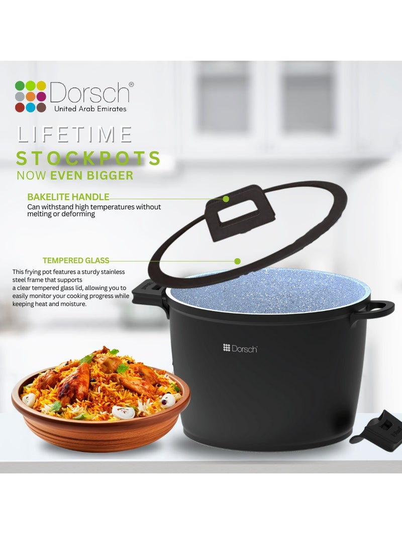 Dorsch Danish Design Ceramic Coated StockPot | Durable Die-Cast Aluminum Body | Induction & Gas Stove Compatible | TUV Safety Certified | Removable Silicone Handles for Convenience | Tempered Glass Lid Included | Sleek Design  (28 cm – 10 Liter) - Image 2
