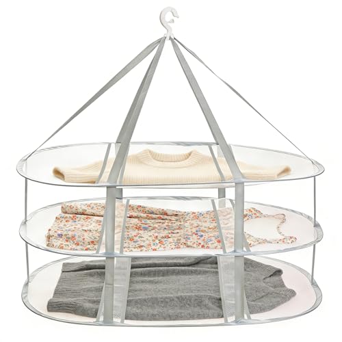Aiokuo 3-Tier Folding Mesh Clothes Drying Rack, Hanging Sweater Dryer for Laundry, Large Foldable Flat Dry Hanger, Portable Mesh Clothes Drying Net for Delicate Garments - Image 1