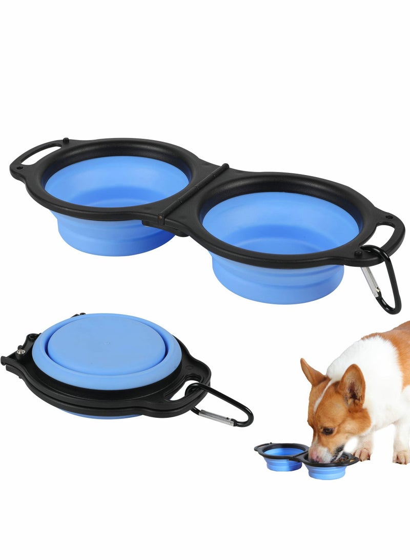 SYOSI Collapsible Dog Bowls, Portable Travel Pet Feeder Bowl, 2 in 1 Expandable Silicone Pet Food & Water Double Bowl, Cat Feeder Dish with Carabiner for Walking, Traveling, Hiking, Camping（Blue） - Image 1